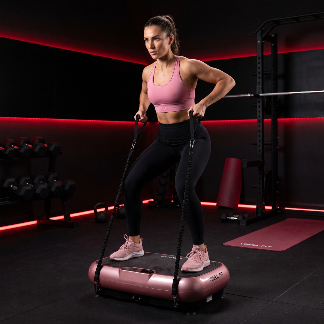 Person using resistance bands on the pink vibration plate for a full body vibration training workout