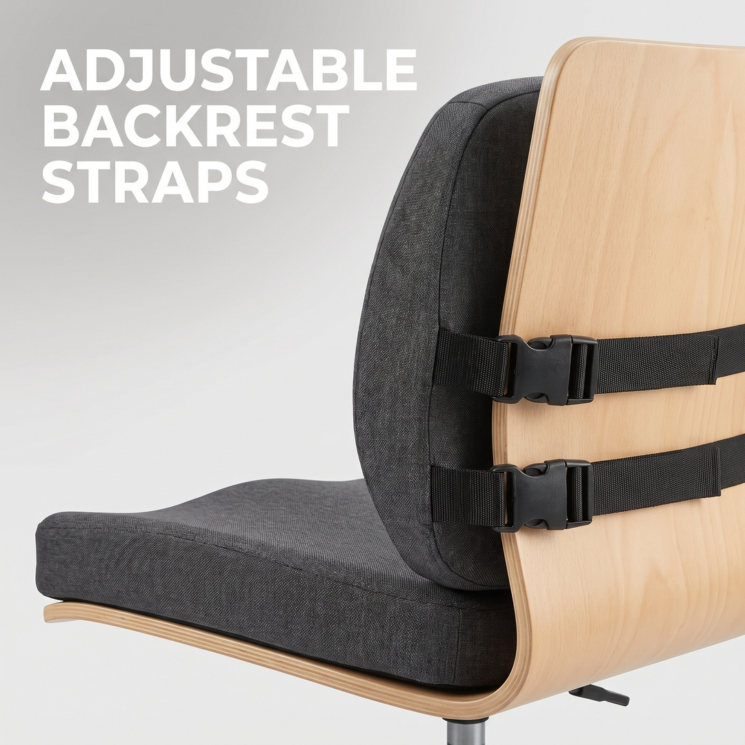 Adjustable backrest strap and buckle system on the ergonomic lumbar support cushion