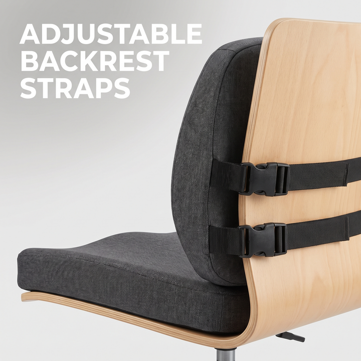 Adjustable backrest strap and buckle system on the ergonomic lumbar support cushion