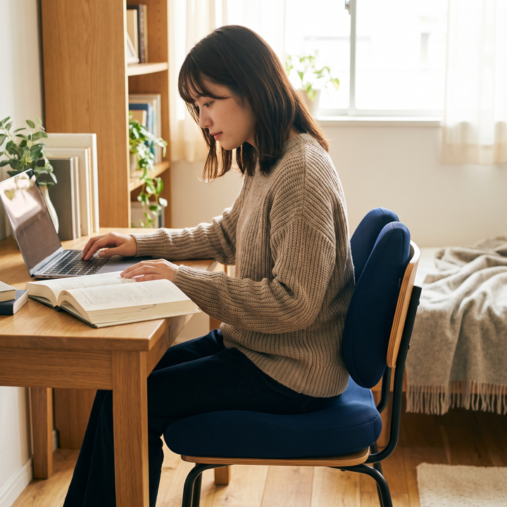 Ergonomic seat and lumbar backrest cushion used by a student studying at a desk