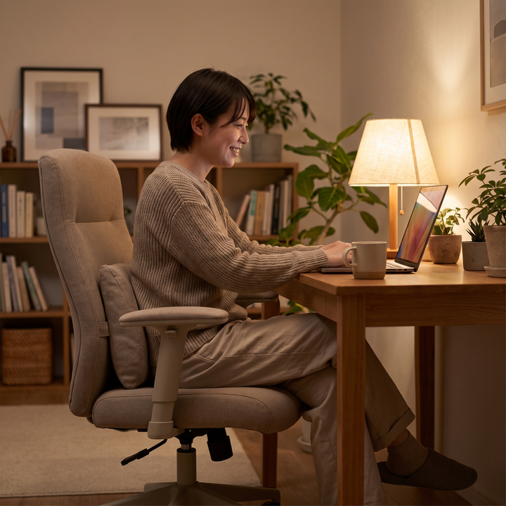 Ergonomic seat and lumbar backrest cushion used during an evening work-from-home video call