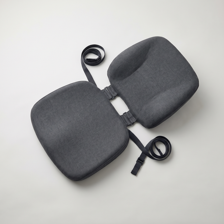 Ergonomic seat cushion and attached lumbar backrest shown flat, memory foam comfort cushion