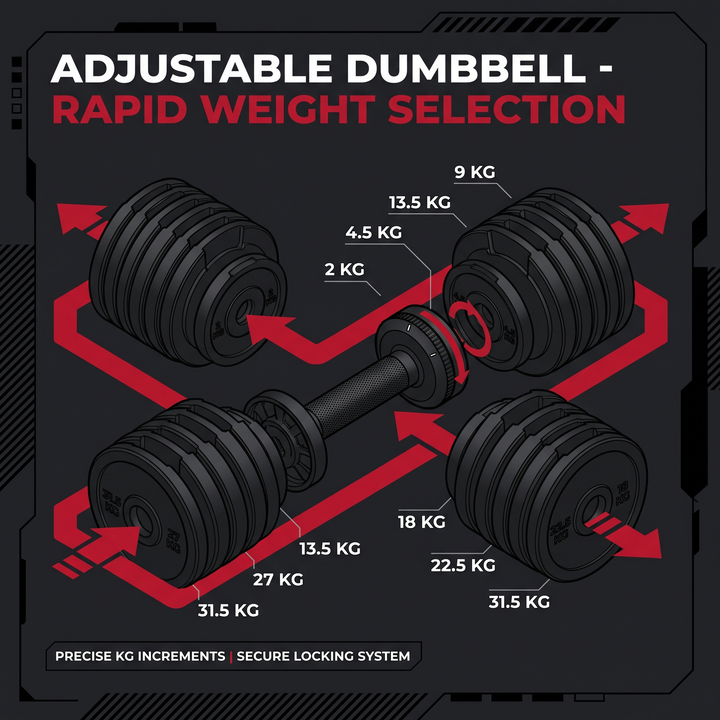 PHYSIOATHLETX Adjustable Dumbbell Set 40KG - weight increments infographic