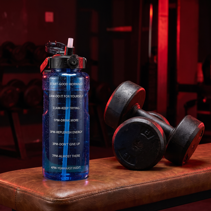 PHYSIOATHLETX Sports Water Bottle on Gym Bench - Blue