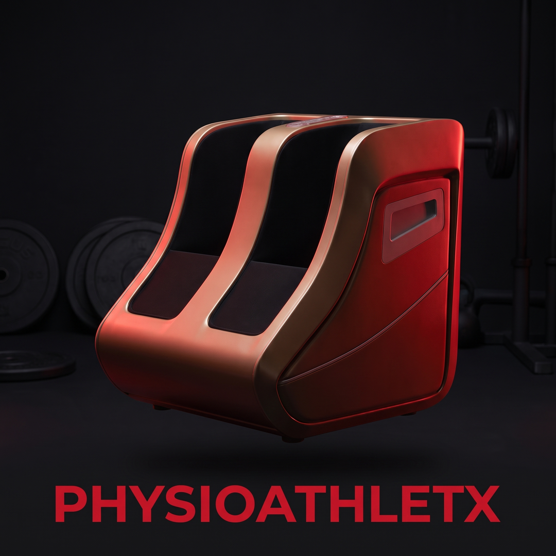 PHYSIOATHLETX air compression foot and leg massager, front view, dark premium recovery-tech design