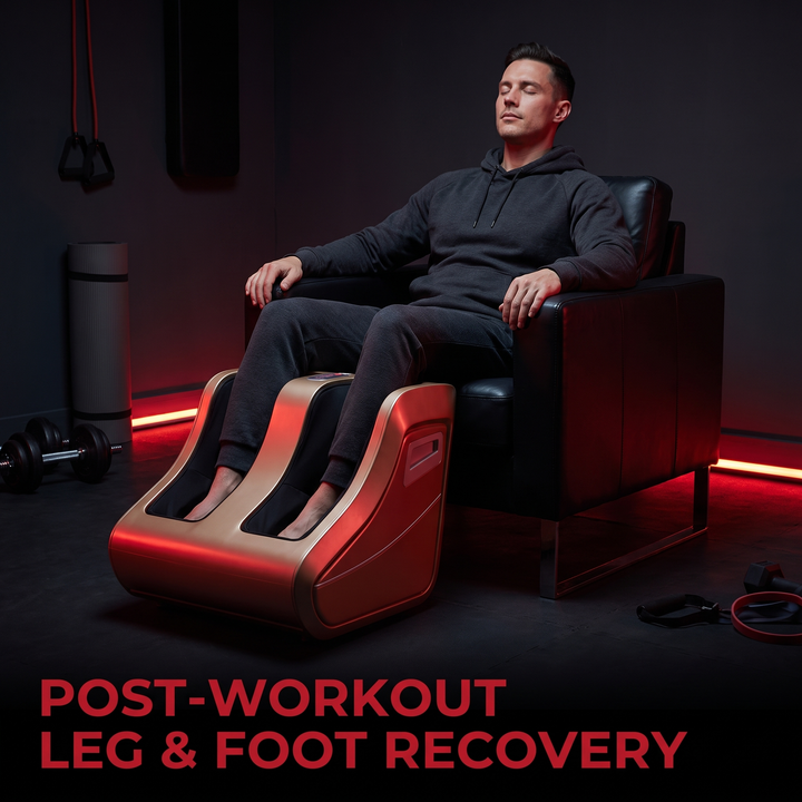Person seated using air compression foot and leg massager for post-workout leg and foot recovery