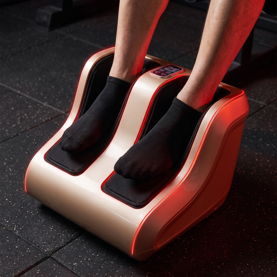 Feet being inserted into air compression foot and leg massager chambers