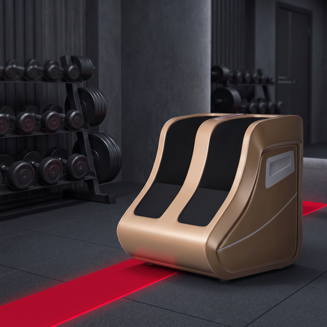 Air compression foot and leg massager staged in a home gym recovery corner