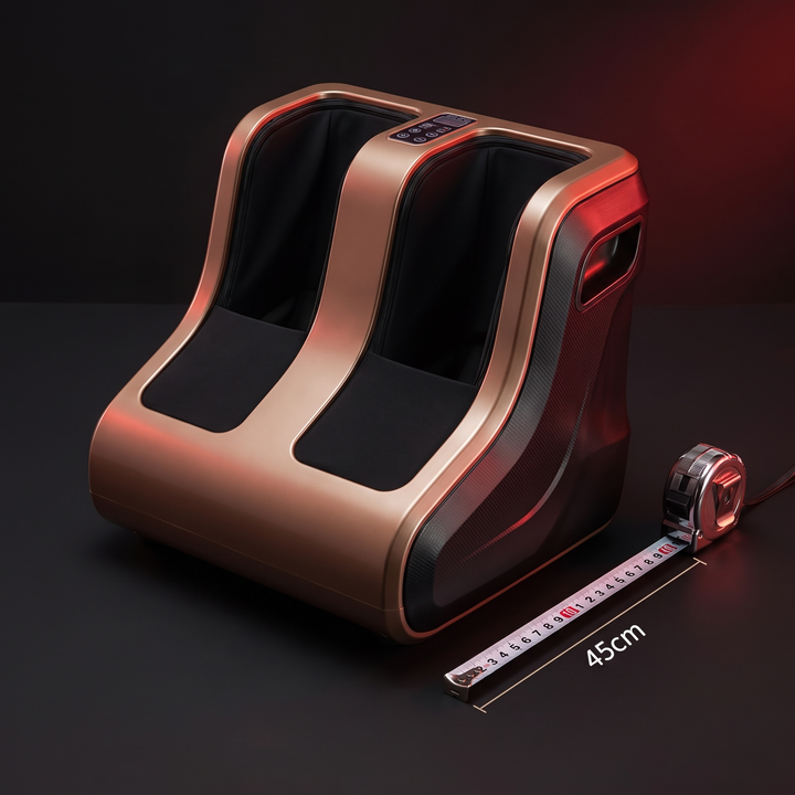 Air compression foot and leg massager shown with tape measure for size reference