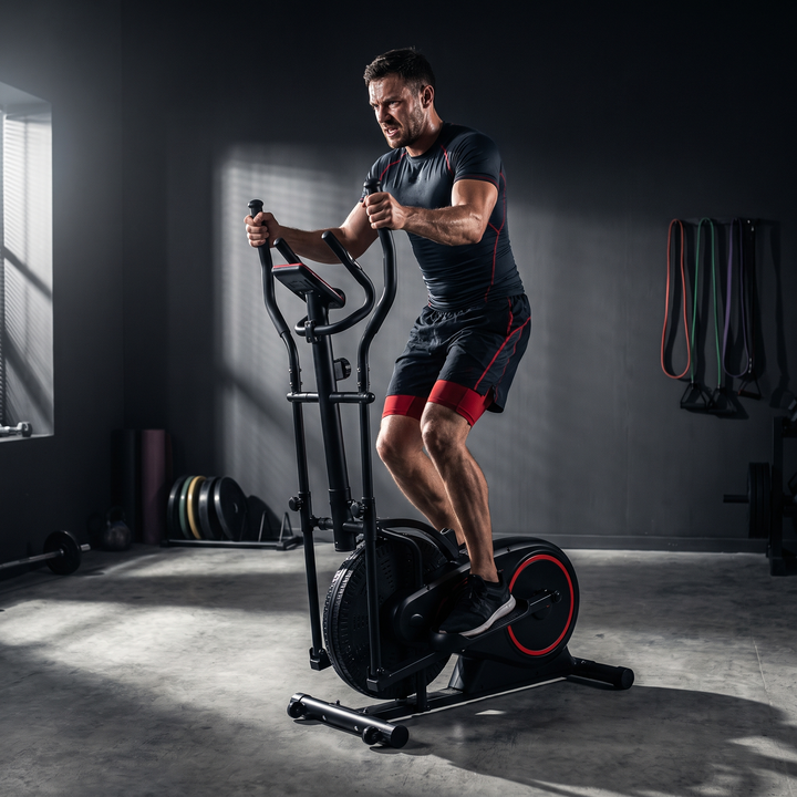 PHYSIOATHLETX Adjustable Elliptical Training Machine - Lifestyle Man Mid-Stride