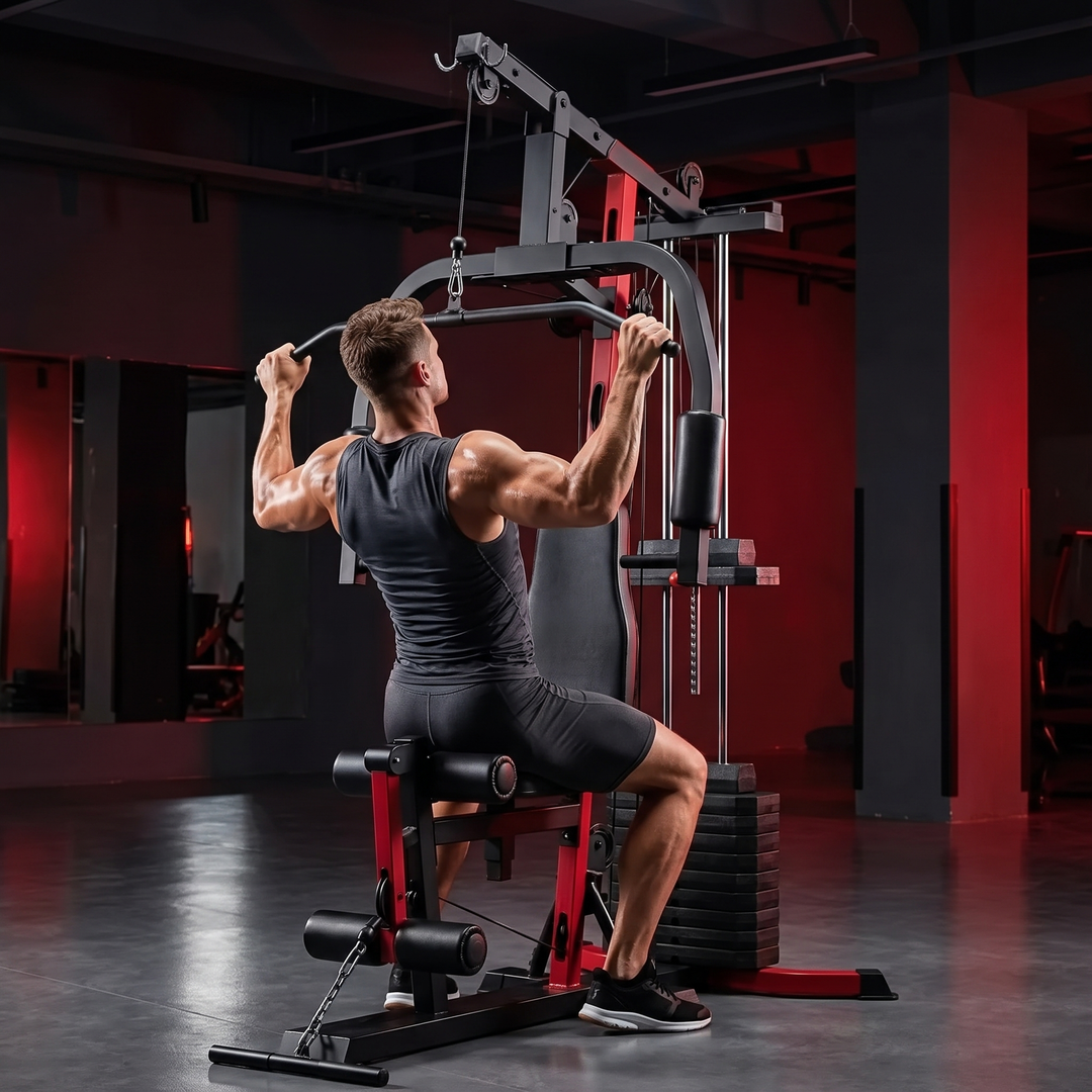 PHYSIOATHLETX All-In-One Home Gym Station - Lat Pulldown Exercise In Use