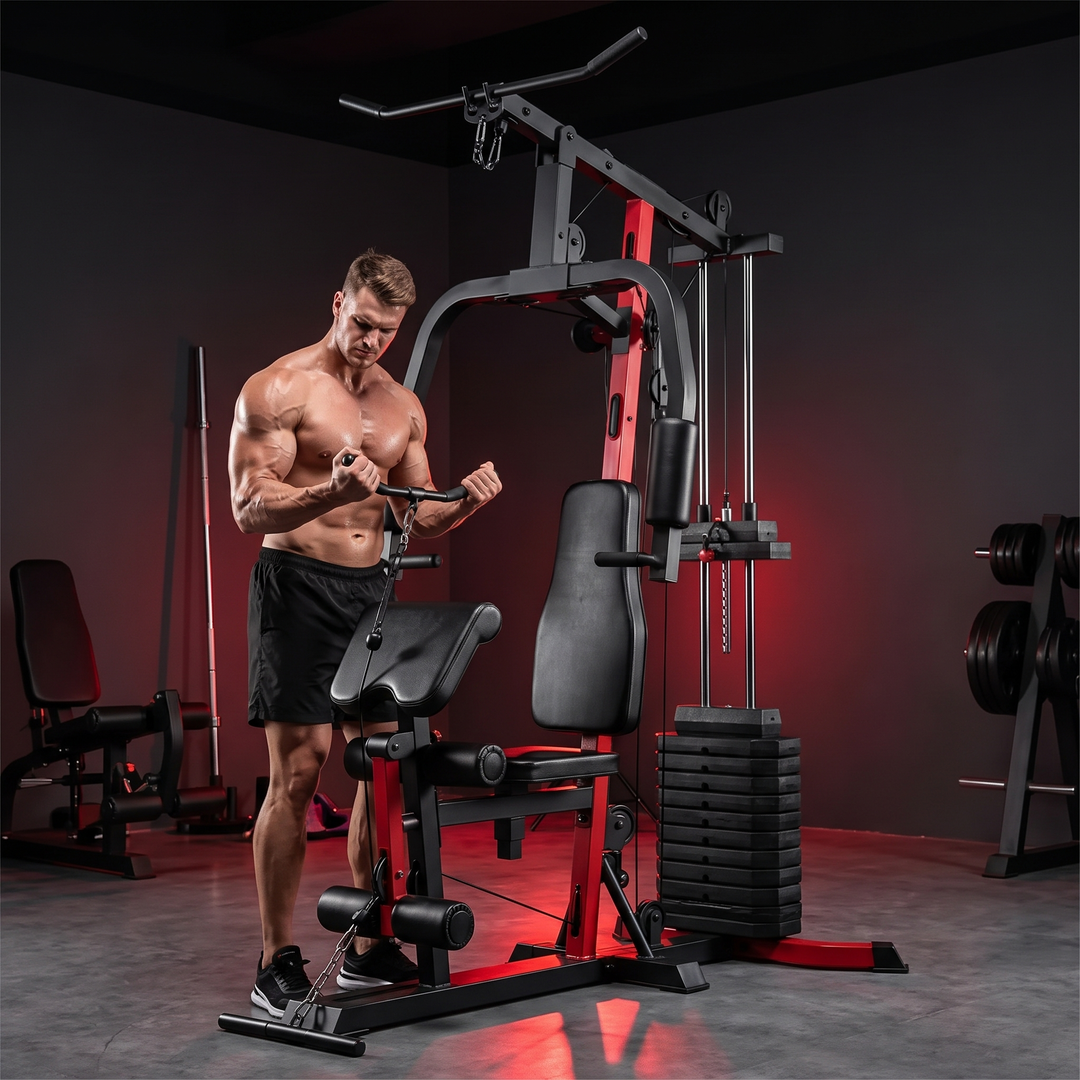 PHYSIOATHLETX All-In-One Home Gym Station - Bicep Curl Exercise In Use