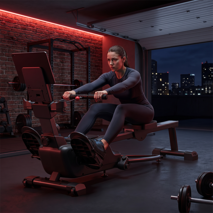 Adjustable Magnetic Rowing Machine - Woman Rowing Catch Position