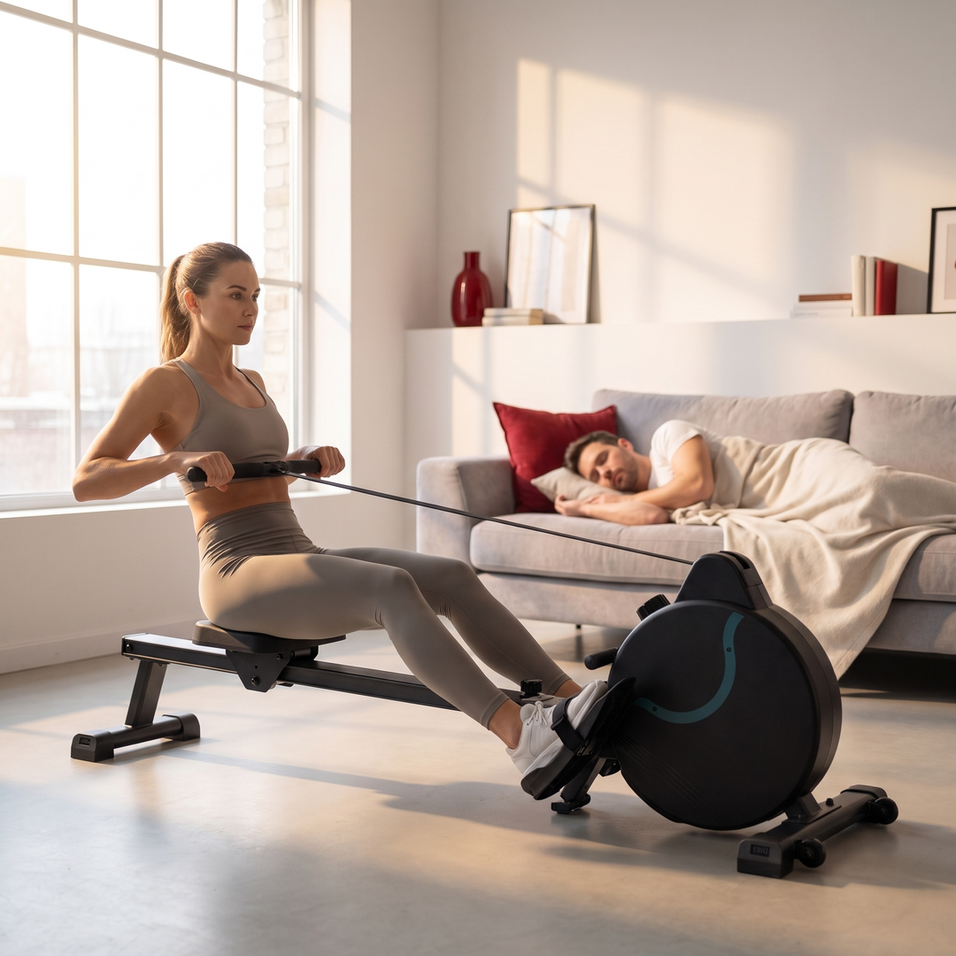 PHYSIOATHLETX Silent Magnetic Rowing Machine - Black - Quiet Morning Workout