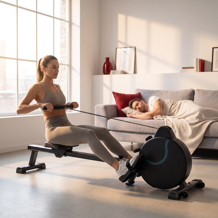 PHYSIOATHLETX Silent Magnetic Rowing Machine - Black - Quiet Morning Workout