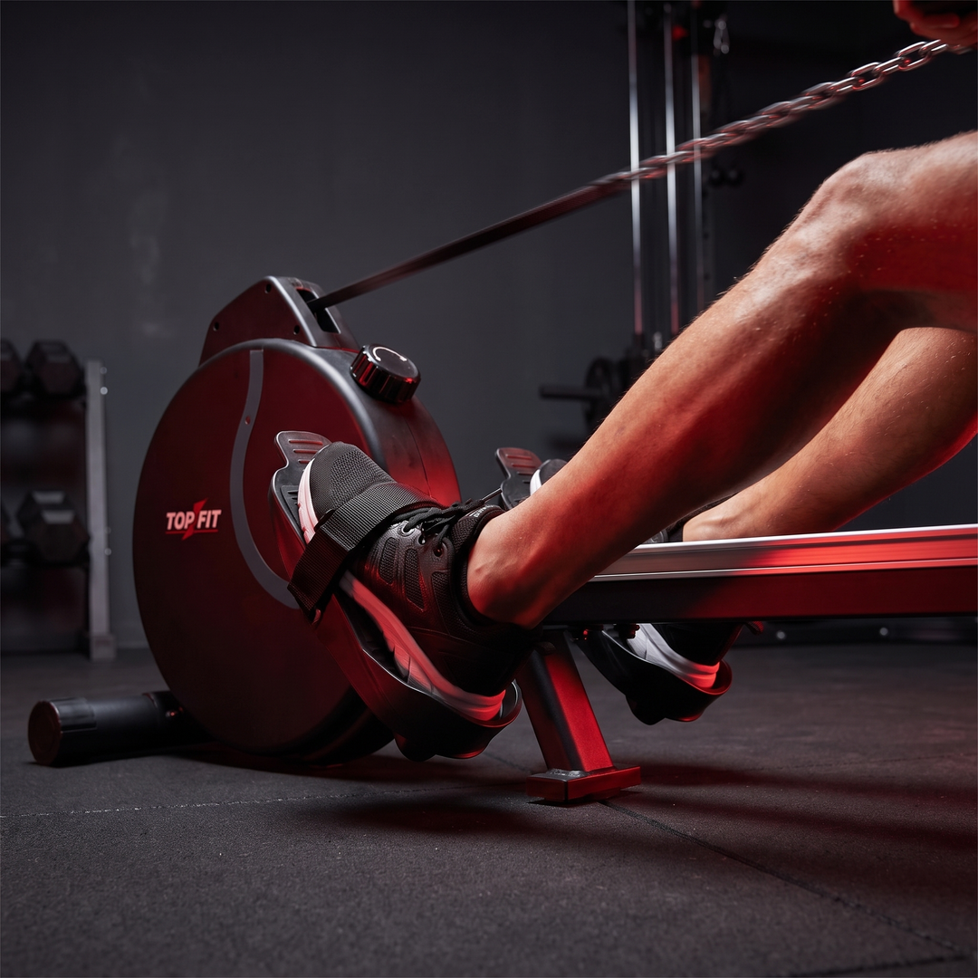 PHYSIOATHLETX Silent Magnetic Rowing Machine - Black - Foot Strap Action Detail