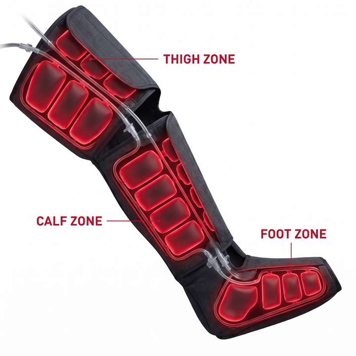 PHYSIOATHLETX Electric Leg Massager - air compression chamber zones diagram