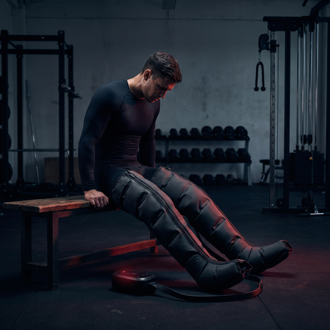 PHYSIOATHLETX Electric Leg Massager - Short configuration in use post-workout recovery