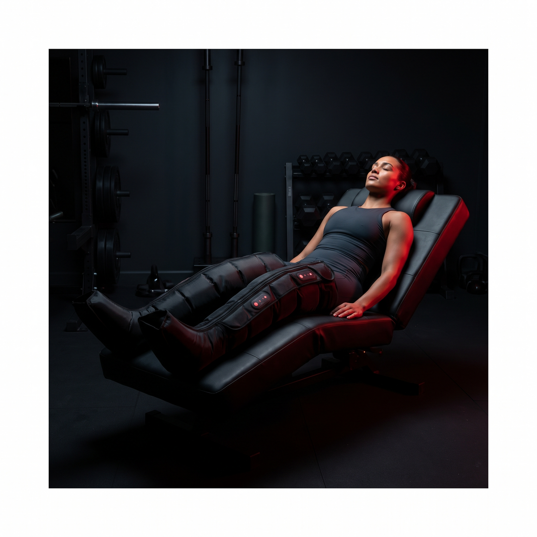 Professional Air Compression Leg Massager Full Body Pressure Massage Device - dark gym recovery lifestyle scene
