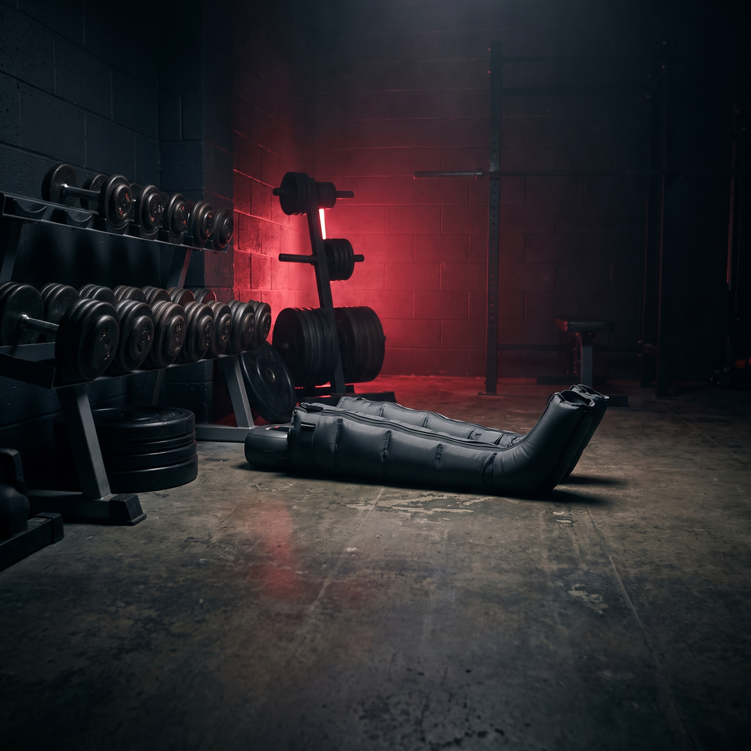 PHYSIOATHLETX Electric Leg Massager - Long configuration in dark gym recovery zone