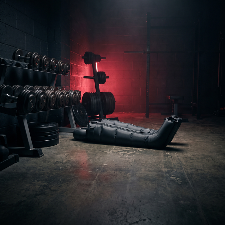 PHYSIOATHLETX Electric Leg Massager - Long configuration in dark gym recovery zone