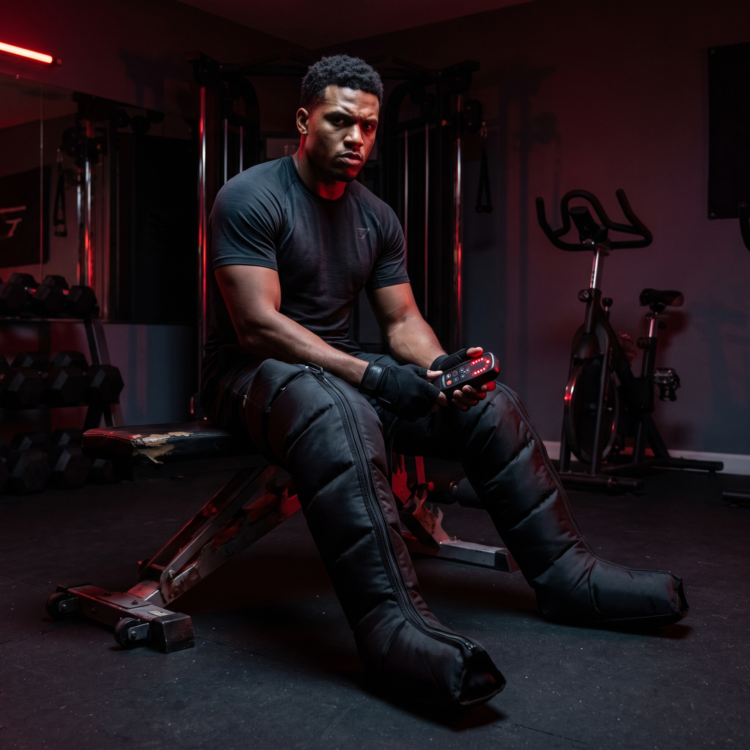 Professional Air Compression Leg Massager Full Body Pressure Massage Device - dark gym bench recovery lifestyle scene third