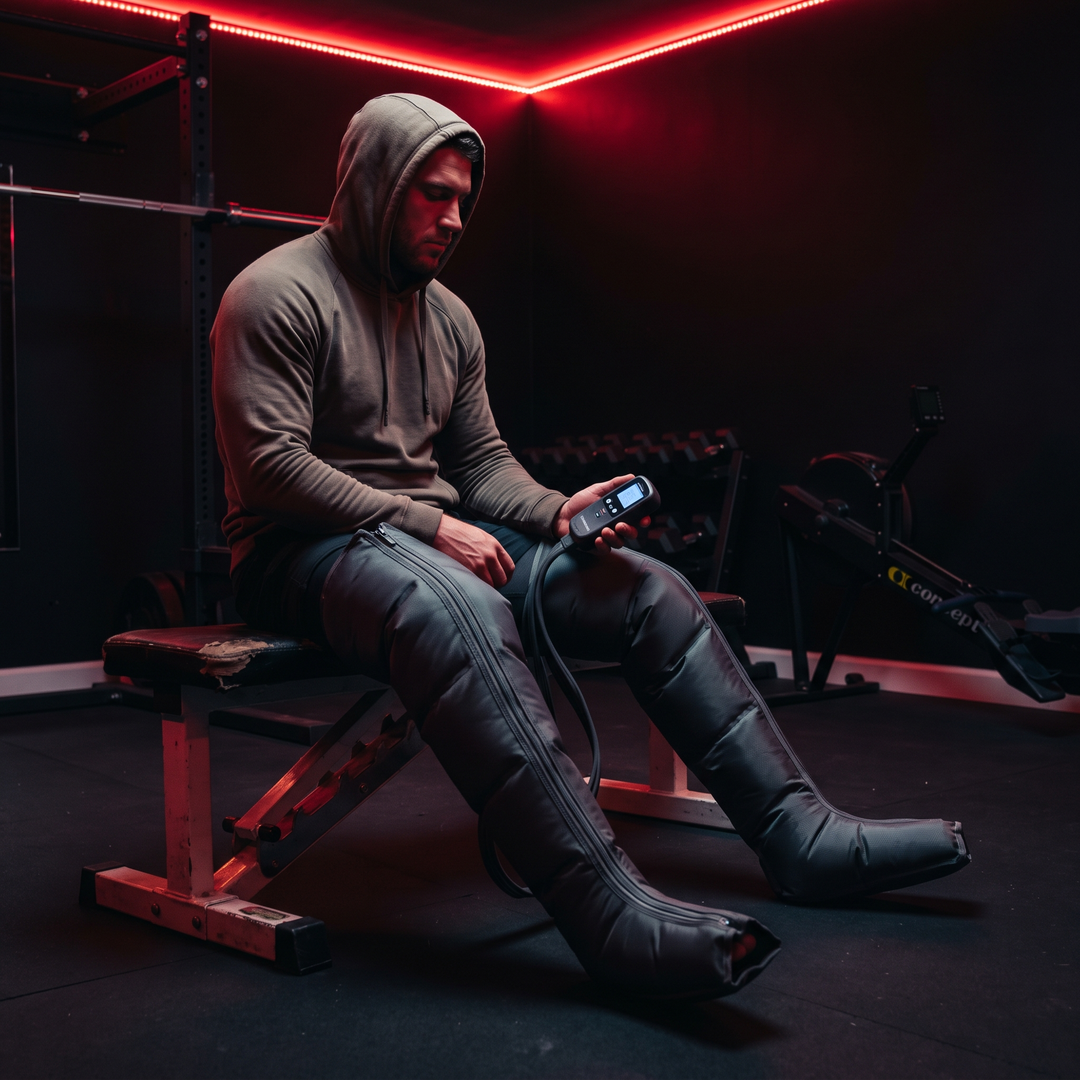 Professional Air Compression Leg Massager Full Body Pressure Massage Device - dark gym bench recovery lifestyle scene