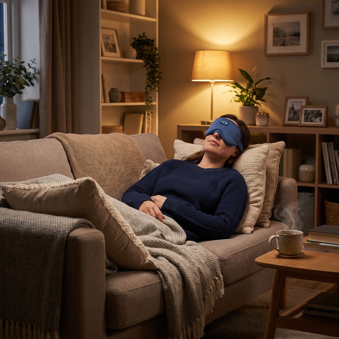 Bluetooth Sleep Mask with Built-In HD Speakers - Blue couch relaxation lifestyle