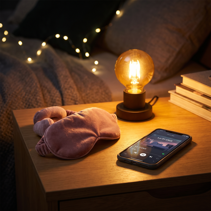Bluetooth Sleep Mask with Built-In HD Speakers - Pink nightstand music streaming lifestyle