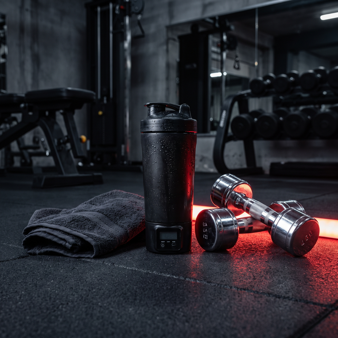 PHYSIOATHLETX Portable Electric Protein Shaker Blender - post-workout gym floor lifestyle