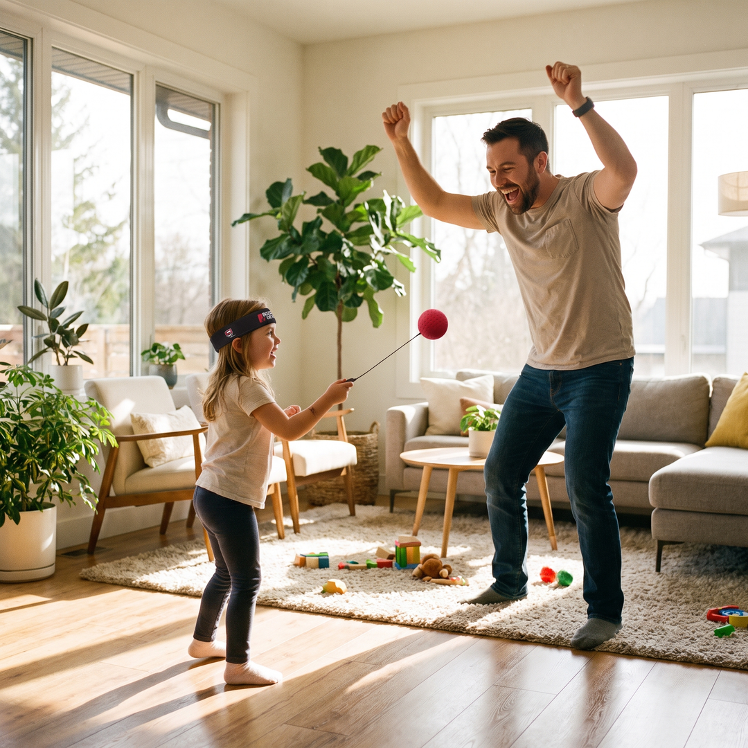 PhysioAthletX Adjustable Boxing Reflex Ball - father and daughter playing at home