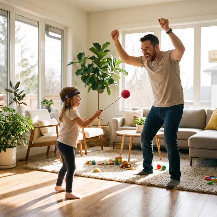 PhysioAthletX Adjustable Boxing Reflex Ball - father and daughter playing at home