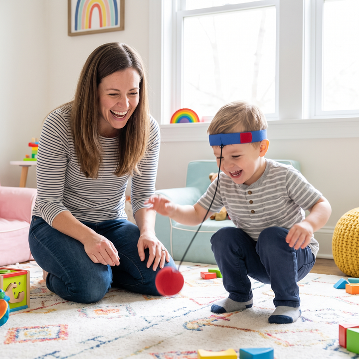 PhysioAthletX Adjustable Boxing Reflex Ball - mother and son playing in playroom