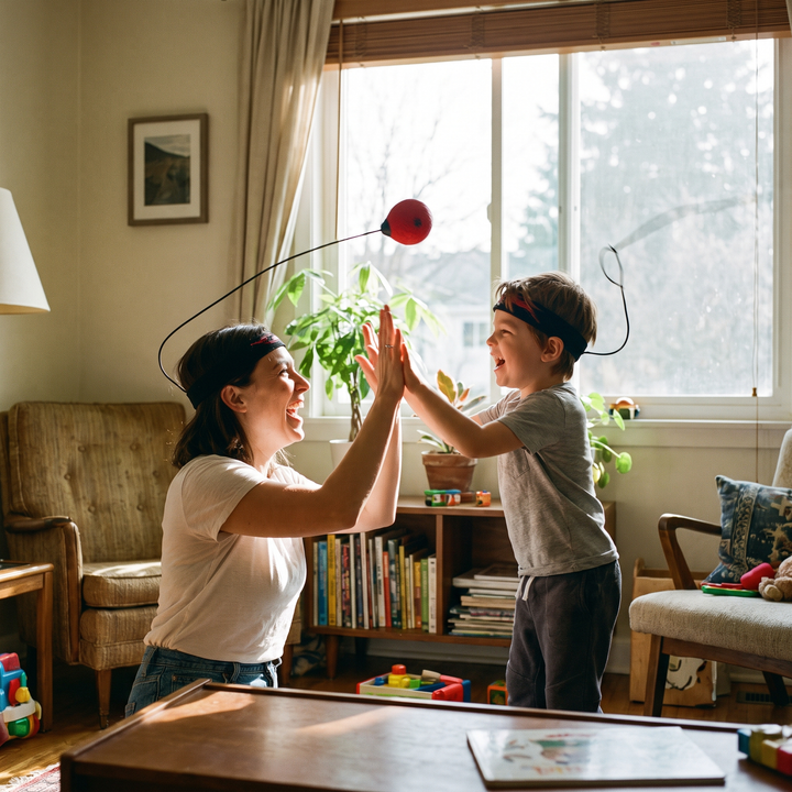 PhysioAthletX Adjustable Boxing Reflex Ball - parent and child high five after playing