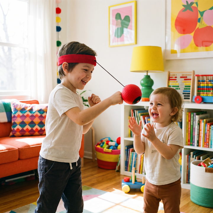 PhysioAthletX Adjustable Boxing Reflex Ball - siblings taking turns playing