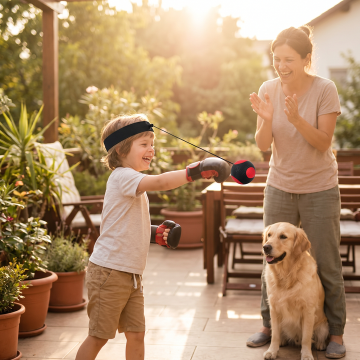 PhysioAthletX Adjustable Boxing Reflex Ball - family playing on backyard patio