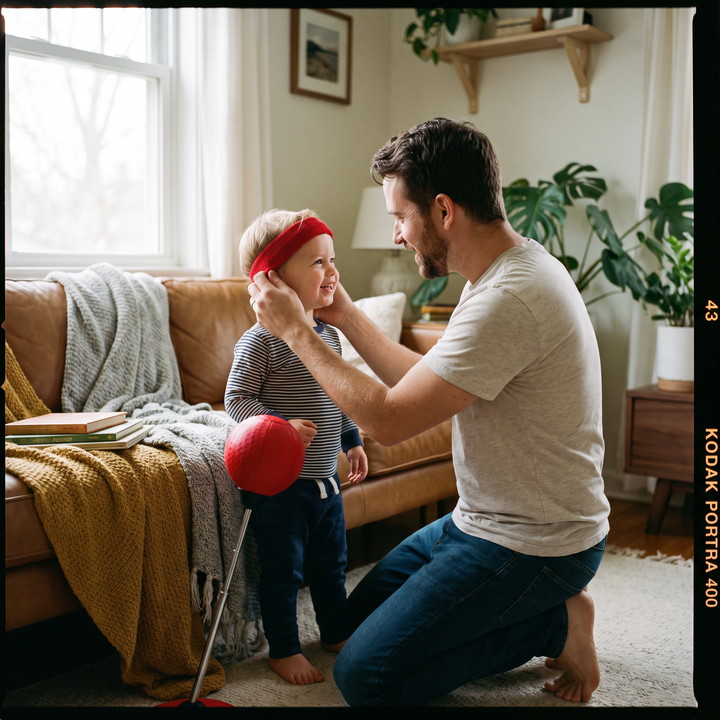 PhysioAthletX Adjustable Boxing Reflex Ball - father helping child adjust headband