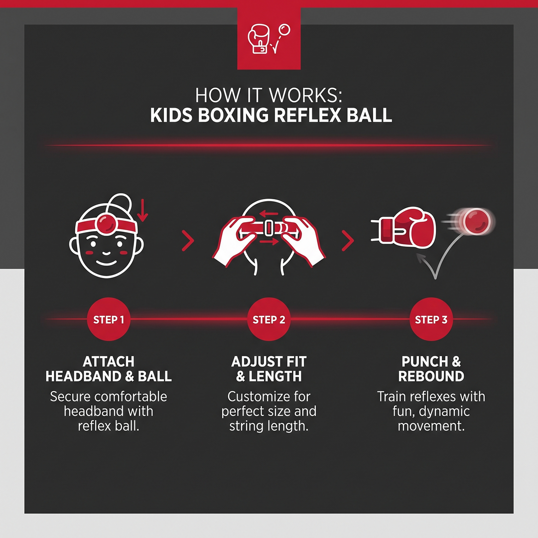 PhysioAthletX Adjustable Boxing Reflex Ball - how it works 3 step infographic
