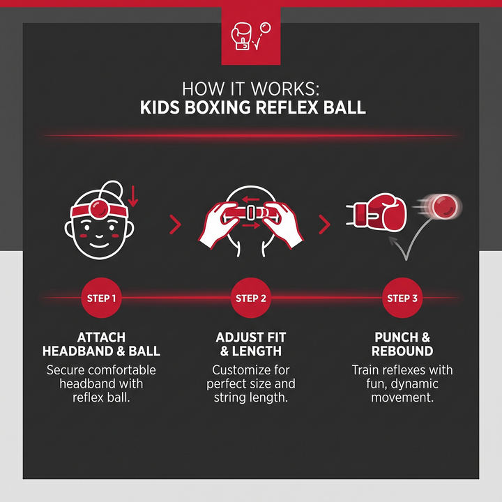 PhysioAthletX Adjustable Boxing Reflex Ball - how it works 3 step infographic