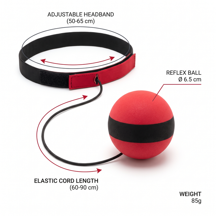 PhysioAthletX Adjustable Boxing Reflex Ball - size and dimensions spec graphic