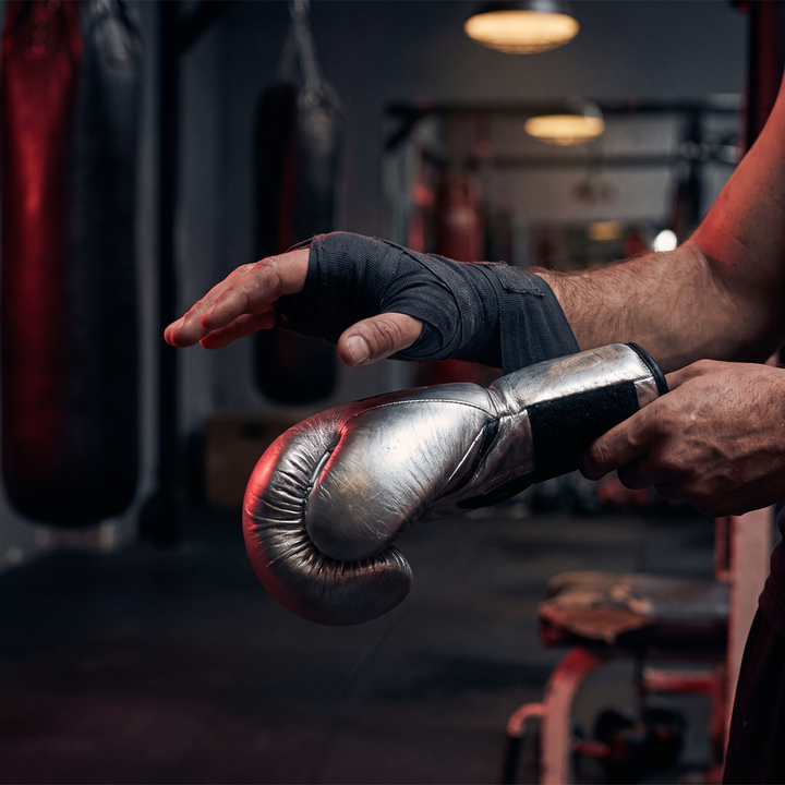 Professional Boxing Gloves Muay Thai Training Gloves MMA Sparring Gloves - Silver hand wrap prep lifestyle