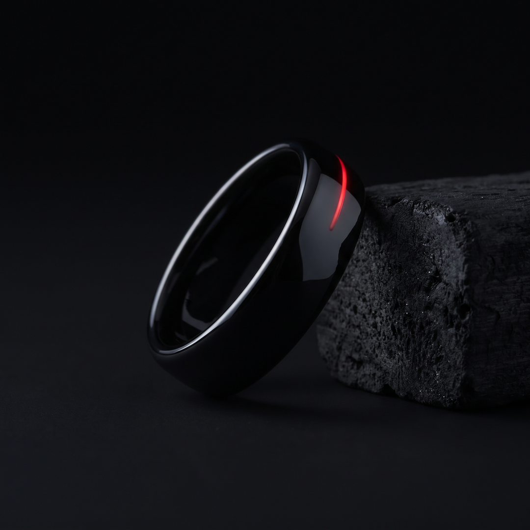 Smart Ring Health Monitor Fitness Tracker Ceramic Ring - Leaning Studio Shot - Black, Sizes 8-13