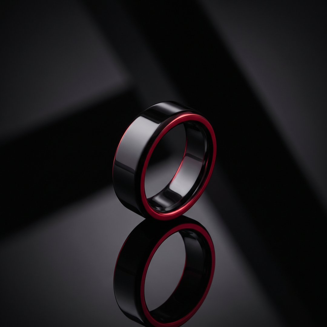 Smart Ring Health Monitor Fitness Tracker Ceramic Ring - Reflective Hero Shot - Black, Sizes 8-13