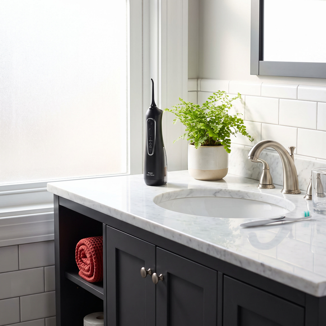 Cordless Water Flosser Oral Irrigator - Black - Bathroom Countertop Lifestyle