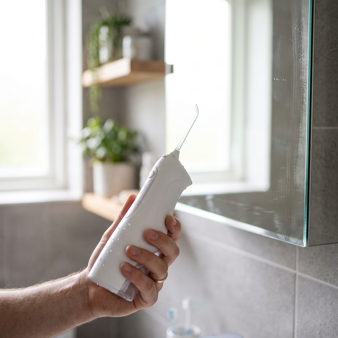 Cordless Water Flosser Oral Irrigator - White - In Use Lifestyle