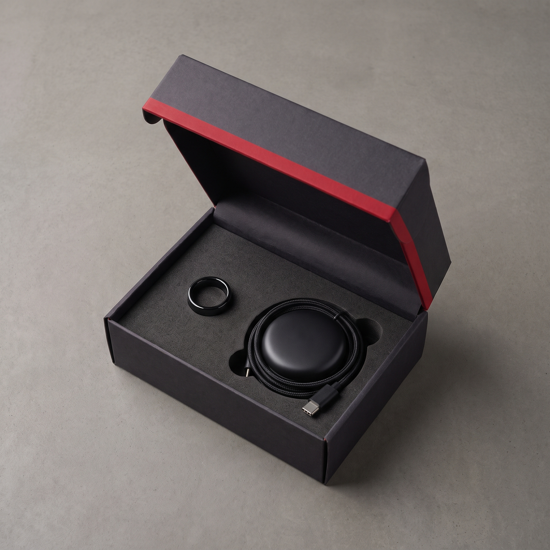 Smart Ring Health Monitor Fitness Tracker Ceramic Ring - Unboxing Flat Lay - Black, Sizes 8-13