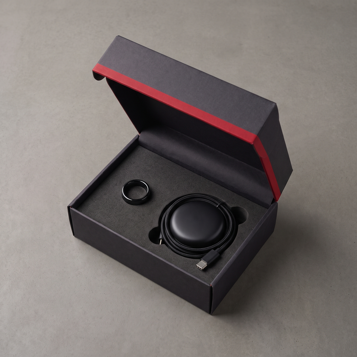Smart Ring Health Monitor Fitness Tracker Ceramic Ring - Unboxing Flat Lay - Black, Sizes 8-13