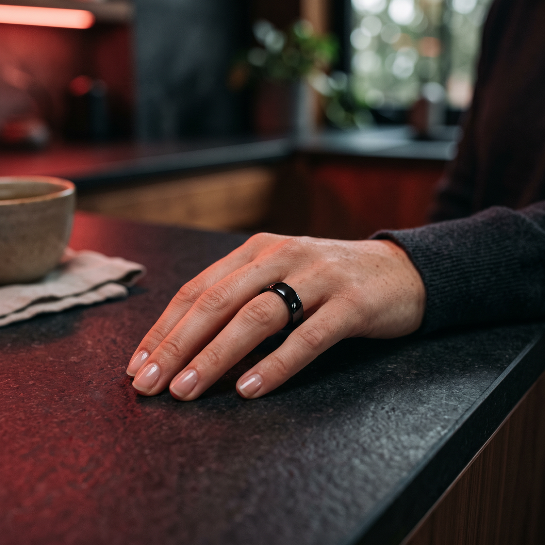 Smart Ring Health Monitor Fitness Tracker Ceramic Ring - Casual Daily Wear Lifestyle Shot - Black, Sizes 8-13