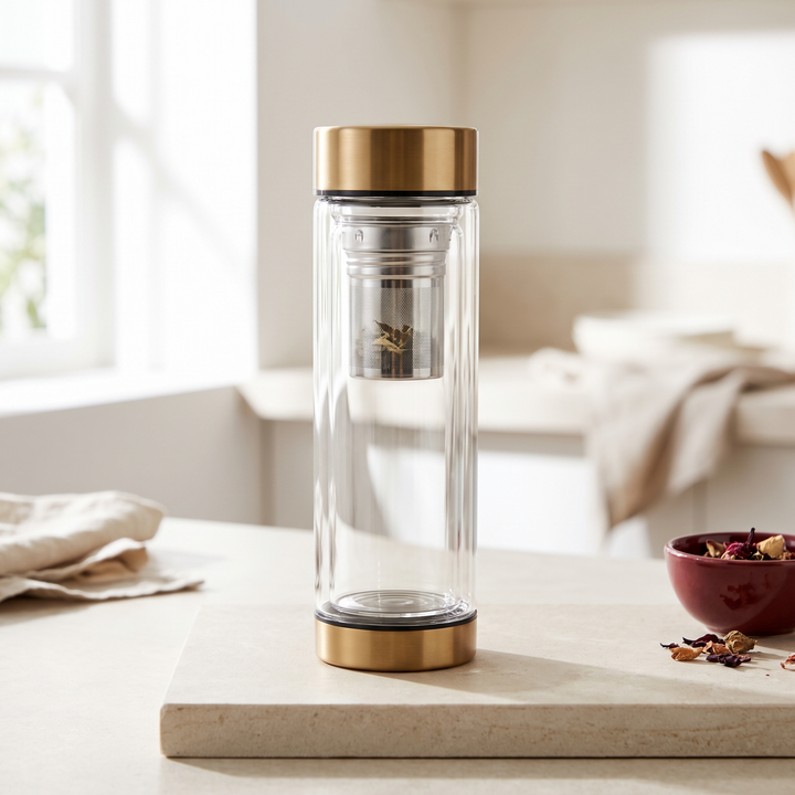 Borosilicate Glass Tea Infuser Bottle 420ml Double Wall Insulated Water Bottle - Gold