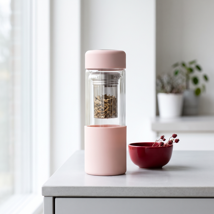 Borosilicate Glass Tea Infuser Bottle 420ml Double Wall Insulated Water Bottle - Pink
